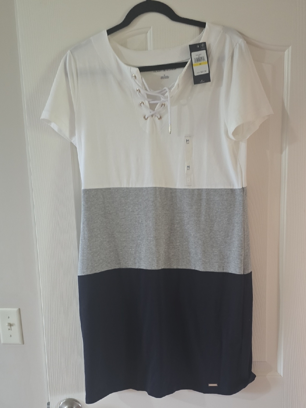 Tommy Hilfiger White Gray Navy Colorblock Lace-Up Dress